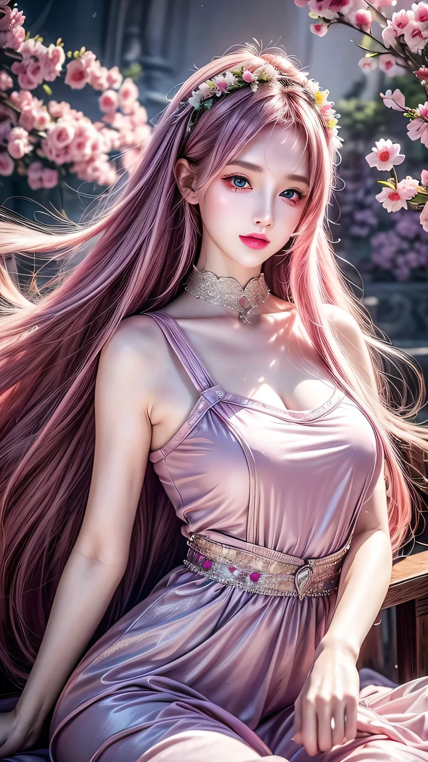(Best quality, 8K, high resolution, masterpiece:1.2), Digital Artwork, A girl, Delicate face, delicate eyes, Pink Hair, Long and straight hair, Glowing purple eyes, red lips, Suspenders, Fantasy Landscape, Vibrant colors, soft light, Whimsical atmosphere, Blooming flowers, floating dress, Fine details, Ethereal Background, Dreamy aura