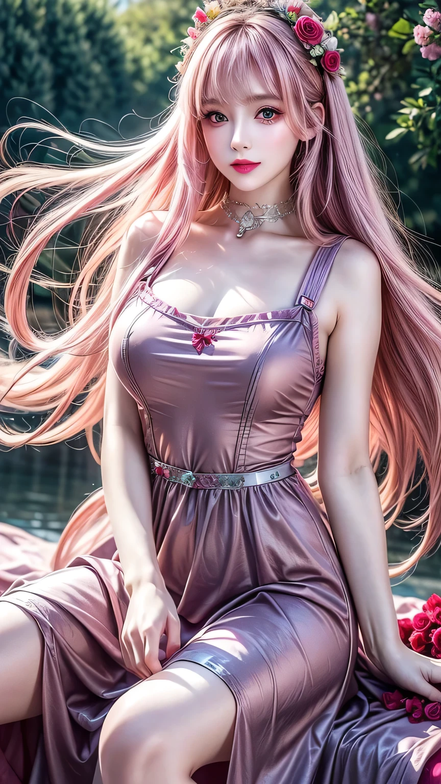 (Best quality, 8K, high resolution, masterpiece:1.2), Digital Artwork, A girl, Delicate face, delicate eyes, Pink Hair, Long and straight hair, Glowing purple eyes, red lips, Suspenders, Fantasy Landscape, Vibrant colors, soft light, Whimsical atmosphere, Blooming flowers, floating dress, Fine details, Ethereal Background, Dreamy aura