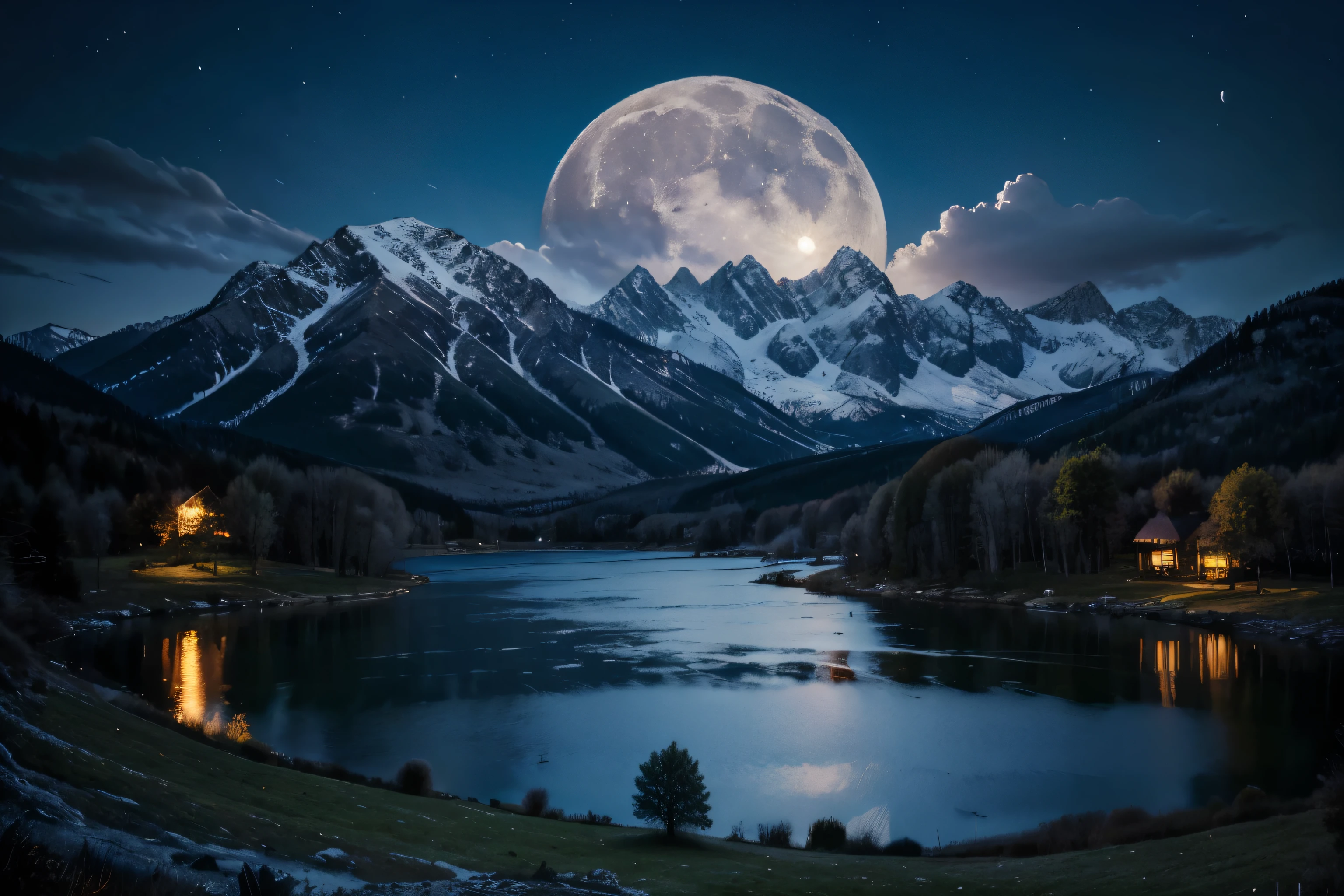 masterpiece, best quality, a picture of a night landscape with trees, mountains, and a lake, the mountains are blue, moon, digital art