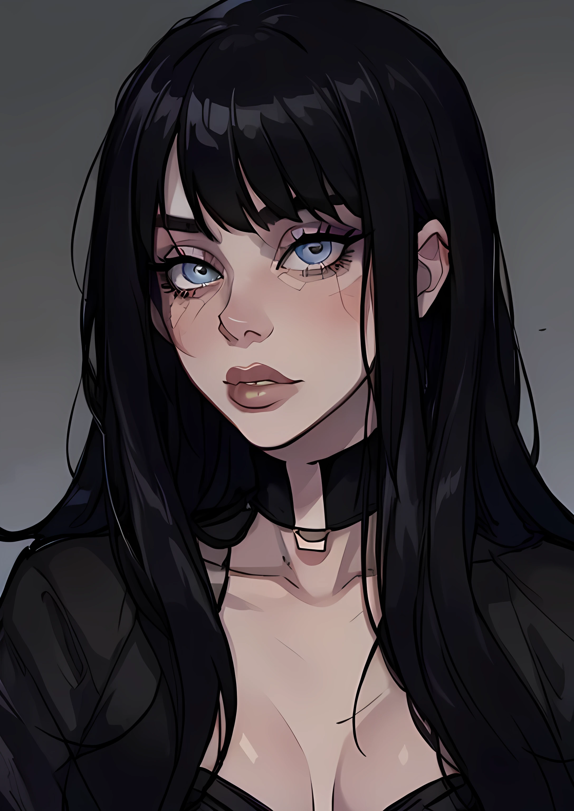 masterpiece, best quality, 1female, face portrait, goth girl, intense makeup, straight hair, glow eyes, perfect fringe, blsh, black hair, black makeup, blue eyes, Billie Eilish