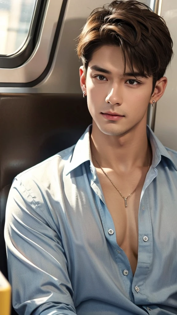 We were on the train, a handsome man approached me with his shirt open,
male, handsome, brown hair, earrings, (photorealistic:1.4),