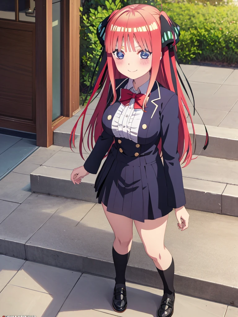 best quality, ultra-detailed masterpiece, anime art style, cute characters, nino nakano, breasts, blush, smile, full body, uniform