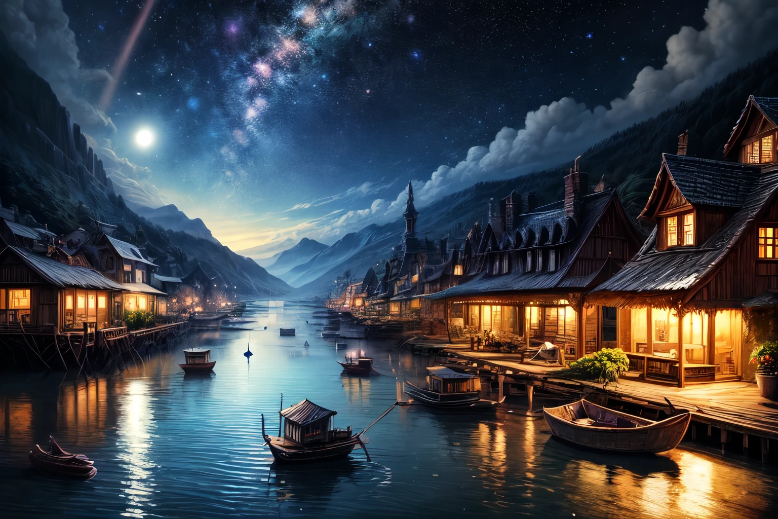 masterpiece, best quality landscape, dramatic lighting, intricate details, sharp focus, 16k, professional illustration, (wooden fishing village:0.6), glistening water, splashes, flying fishes, fantasy, starry night, planets, galaxy (full view) advntr