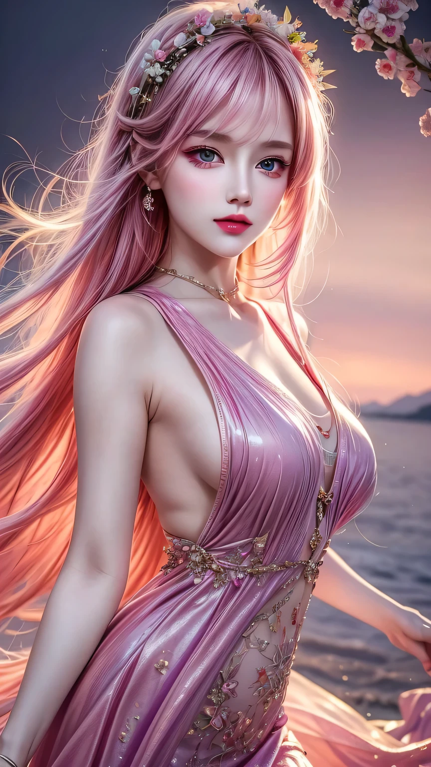 (Best quality, 8K, high resolution, masterpiece:1.2), Digital Artwork, A girl, Delicate face, delicate eyes, Pink Hair, Long and straight hair, Glowing purple eyes, red lips, Suspenders, Fantasy Landscape, Vibrant colors, soft light, Whimsical atmosphere, Blooming flowers, floating dress, Fine details, Ethereal Background, Dreamy aura