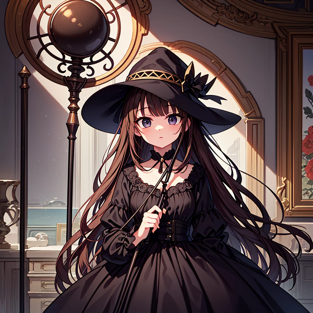 ((highest quality)), ((masterpiece)), (detailed), Perfect Face, Wizard, Wide-brimmed hat, Black Dress, Cane, Brown Hair, Long Hair, Innocent look, 