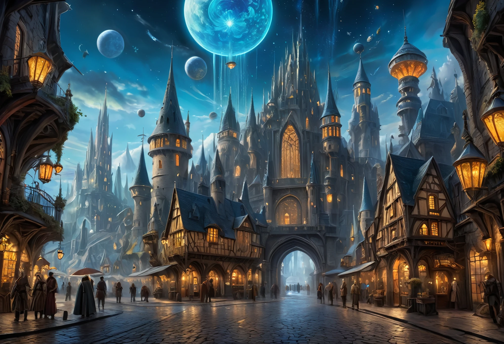 (a fusion of a medieval town and science fiction),oil painting,highres,ultra-detailed,vibrant colors,futuristic architecture,hovering spaceships,mysterious atmosphere,grand castles,twisting cobblestone streets,majestic spires,powerful energy fields,enchanted glowing crystals,steam-powered machinery,curious steampunk inventions,medieval knights in hi-tech armor,otherworldly creatures blending with humans,illuminated holographic signs,advanced transportation systems,glowing neon lights reflecting on the wet pavements,starry night sky with multiple moons,mechanical dragons soaring through the air,hidden underground laboratories,interdimensional portals,ancient ruins being transformed into futuristic structures,ornate stained glass windows depicting futuristic scenes,medieval marketplaces with futuristic kiosks and holographic displays,solar-powered energy generators,enchanted forests with bioluminescent plants,dazzling fireworks illuminating the sky,endless possibilities merging the past and the future.