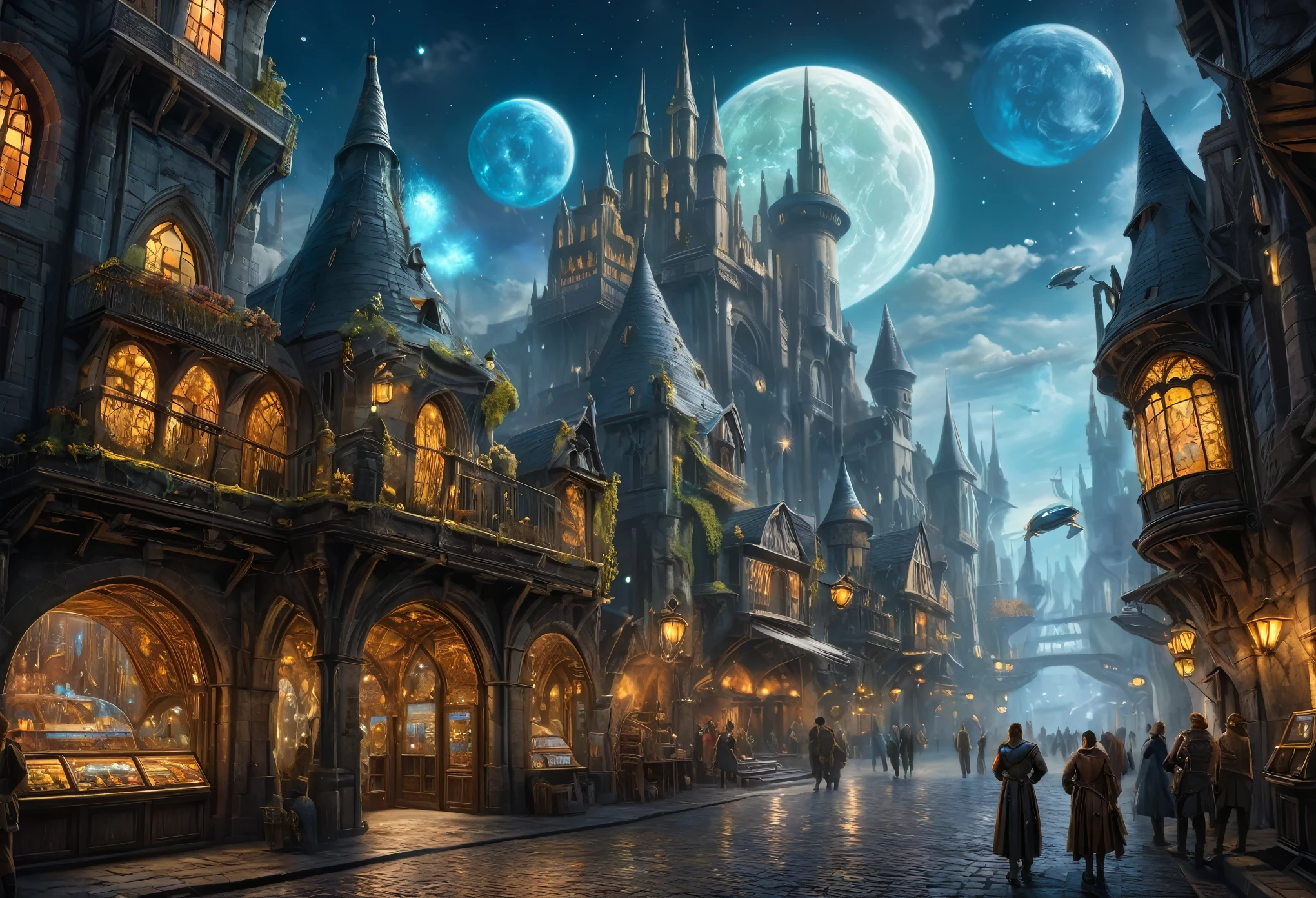 (a fusion of a medieval town and science fiction),oil painting,highres,ultra-detailed,vibrant colors,futuristic architecture,hovering spaceships,mysterious atmosphere,grand castles,twisting cobblestone streets,majestic spires,powerful energy fields,enchanted glowing crystals,steam-powered machinery,curious steampunk inventions,medieval knights in hi-tech armor,otherworldly creatures blending with humans,illuminated holographic signs,advanced transportation systems,glowing neon lights reflecting on the wet pavements,starry night sky with multiple moons,mechanical dragons soaring through the air,hidden underground laboratories,interdimensional portals,ancient ruins being transformed into futuristic structures,ornate stained glass windows depicting futuristic scenes,medieval marketplaces with futuristic kiosks and holographic displays,solar-powered energy generators,enchanted forests with bioluminescent plants,dazzling fireworks illuminating the sky,endless possibilities merging the past and the future.