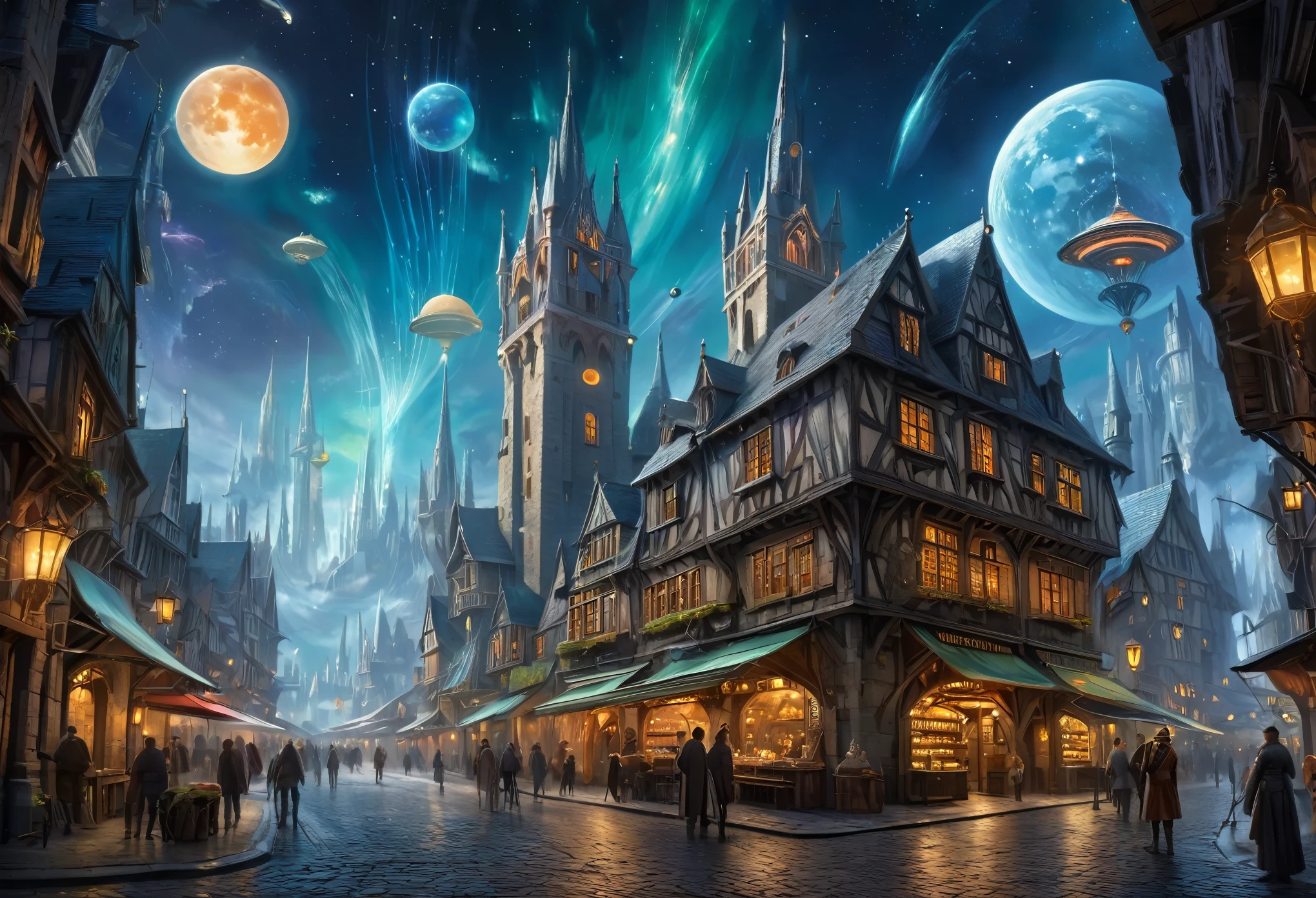 (a fusion of a medieval town and science fiction),oil painting,highres,ultra-detailed,vibrant colors,futuristic architecture,hovering spaceships,mysterious atmosphere,grand castles,twisting cobblestone streets,majestic spires,powerful energy fields,enchanted glowing crystals,steam-powered machinery,curious steampunk inventions,medieval knights in hi-tech armor,otherworldly creatures blending with humans,illuminated holographic signs,advanced transportation systems,glowing neon lights reflecting on the wet pavements,starry night sky with multiple moons,mechanical dragons soaring through the air,hidden underground laboratories,interdimensional portals,ancient ruins being transformed into futuristic structures,ornate stained glass windows depicting futuristic scenes,medieval marketplaces with futuristic kiosks and holographic displays,solar-powered energy generators,enchanted forests with bioluminescent plants,dazzling fireworks illuminating the sky,endless possibilities merging the past and the future.