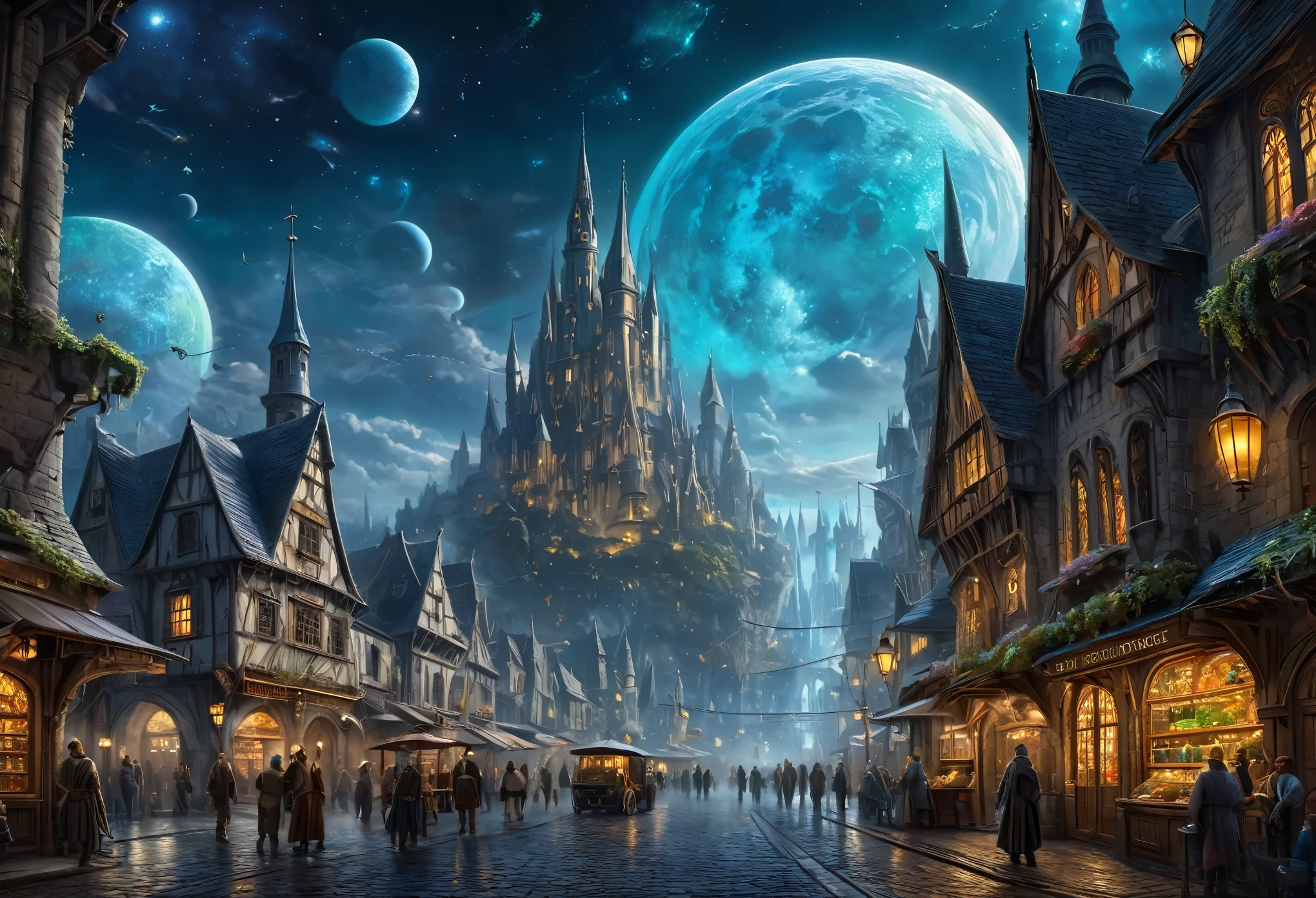 (a fusion of a medieval town and science fiction),oil painting,highres,ultra-detailed,vibrant colors,futuristic architecture,hovering spaceships,mysterious atmosphere,grand castles,twisting cobblestone streets,majestic spires,powerful energy fields,enchanted glowing crystals,steam-powered machinery,curious steampunk inventions,medieval knights in hi-tech armor,otherworldly creatures blending with humans,illuminated holographic signs,advanced transportation systems,glowing neon lights reflecting on the wet pavements,starry night sky with multiple moons,mechanical dragons soaring through the air,hidden underground laboratories,interdimensional portals,ancient ruins being transformed into futuristic structures,ornate stained glass windows depicting futuristic scenes,medieval marketplaces with futuristic kiosks and holographic displays,solar-powered energy generators,enchanted forests with bioluminescent plants,dazzling fireworks illuminating the sky,endless possibilities merging the past and the future.