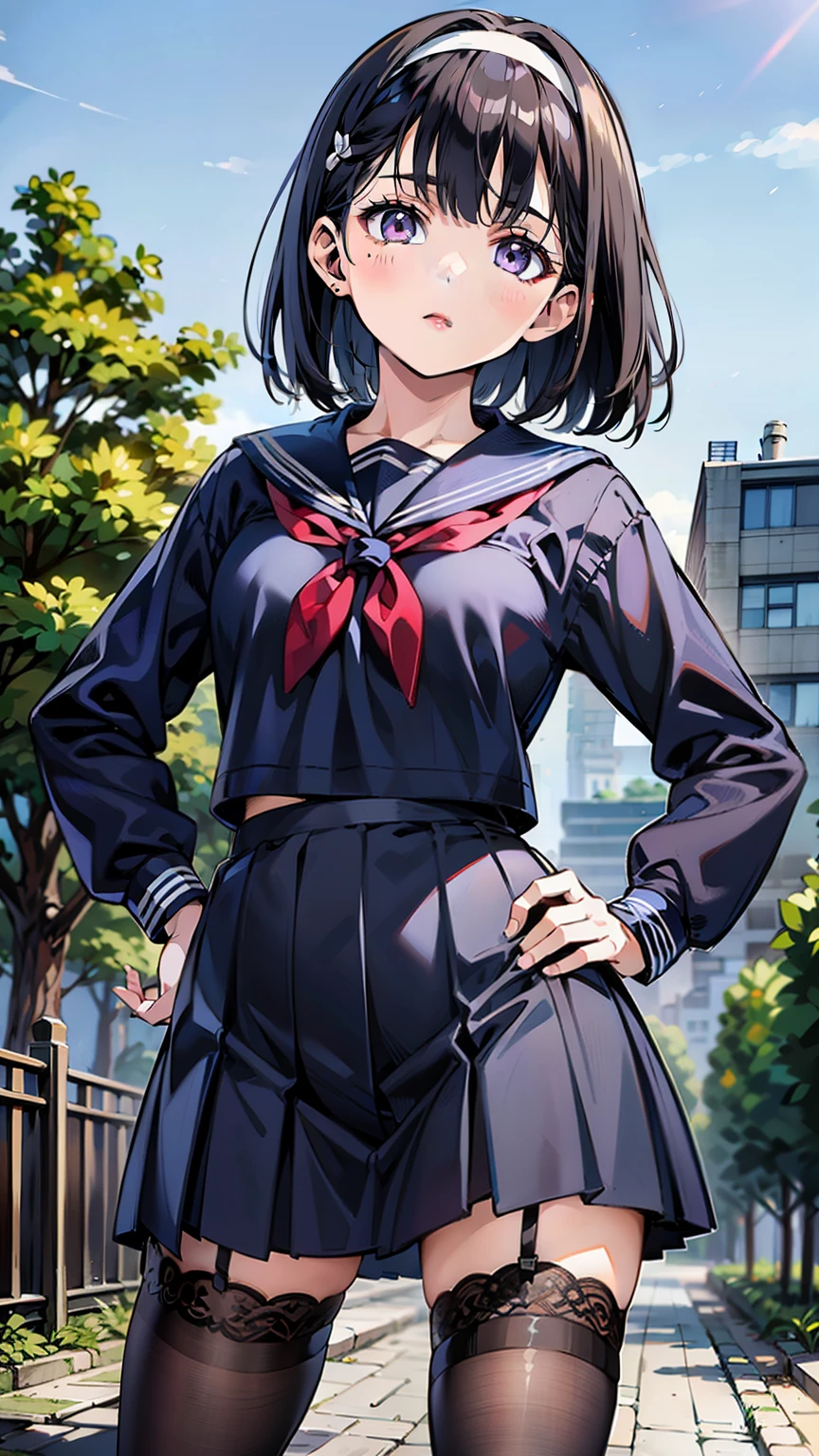 sailor uniform, One Woman, (A beauty woman, Delicate high school girl:1.3), 8K, highest quality, masterpiece, Very detailed, Ultra-high resolution, Realistic, RAW Photos, Absolute Resolution, Black Hair, Bobcut, Small face compared to body, Very small face, Black Hair, ((Navy blue sailor suit)), Navy Blue Skirt, High school girl in sailor suit, 2D Rendering of Anime, Realistic若いアニメの女子高生, , ((White headband)), Small breasts, tall, Slanted Eyes, Purple Eyes, Black Stockings, garter belt, Pouting, garden, (Put your hands on your hips:1.3), (Top-down position:1.2), blurry background,