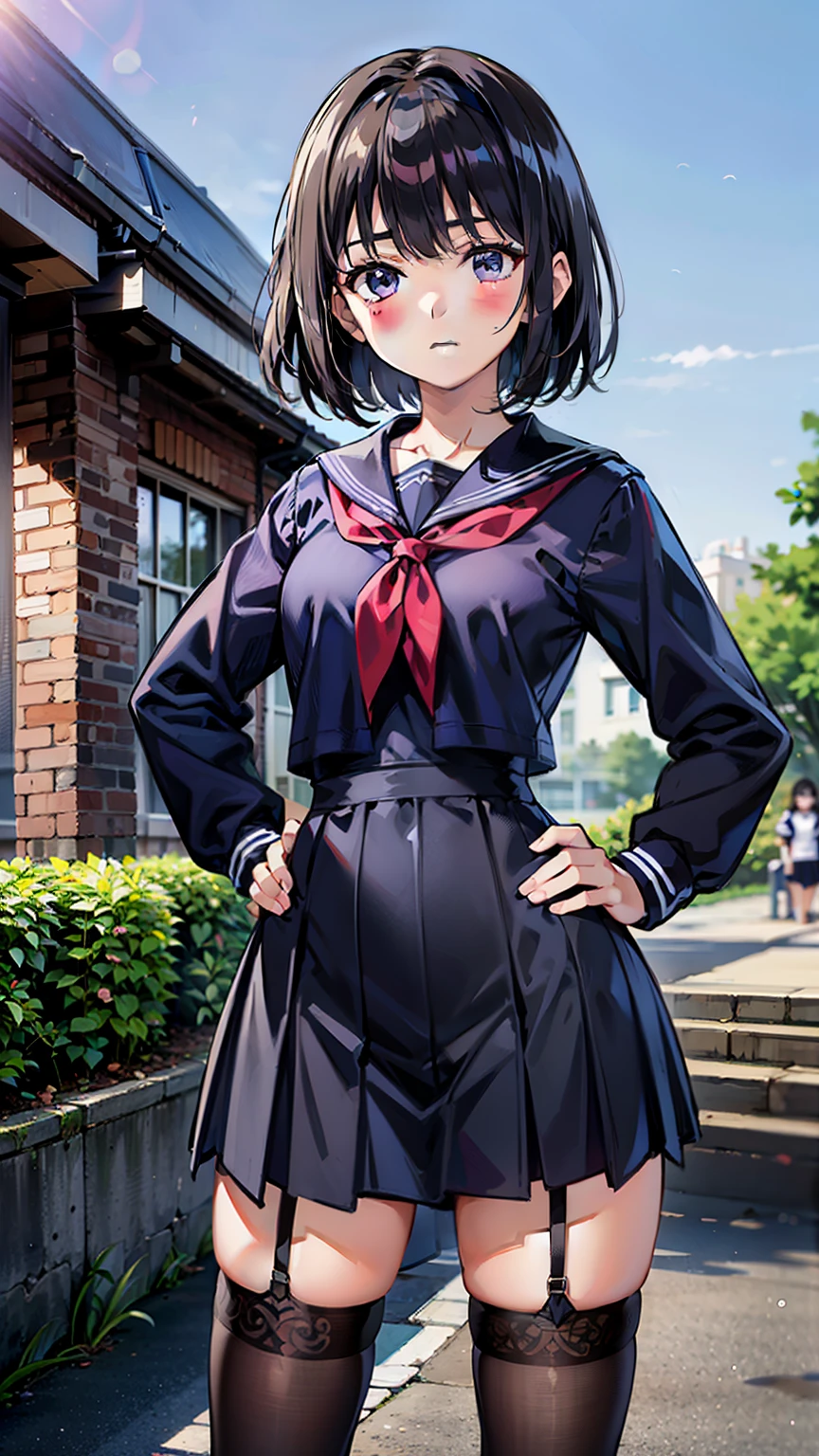 sailor uniform, One Woman, (A beauty woman, Delicate high school girl:1.3), 8K, highest quality, masterpiece, Very detailed, Ultra-high resolution, Realistic, RAW Photos, Absolute Resolution, Black Hair, Bobcut, Small face compared to body, Very small face, Black Hair, ((Navy blue sailor suit)), Navy Blue Skirt, High school girl in sailor suit, 2D Rendering of Anime, Realistic若いアニメの女子高生, , ((White headband)), Small breasts, tall, Slanted Eyes, Purple Eyes, Black Stockings, garter belt, Pouting, garden, (Put your hands on your hips:1.3), (Top-down position:1.2), blurry background,