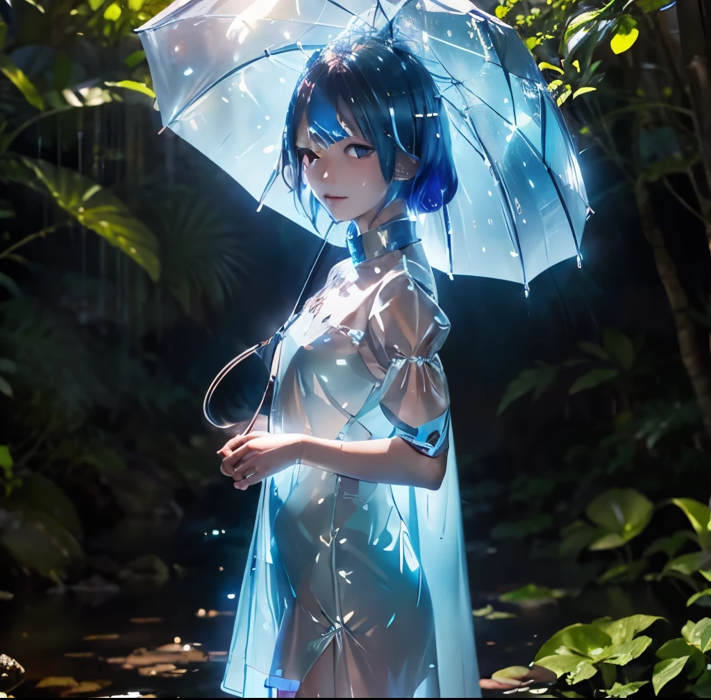 In a vivid anime scene、Focus on the bright rain elements with abundant shiny reflections. The girl with the pink bob hair and reflective blue eyes、She brings more punk and whimsical elements to her sheer outfits.。, Accessorized with blue butterfly accessories and a wide umbrella. Abstract rain sparkle chaos background、There are plenty of light effects with scattered rain and focused bubble sparkles。, The light shining from behind、(((Land of Mirrors)))、. The artwork combines rich textures, Detailed line drawing, Cel Shading, Vibrant colors, Highlighting the luxurious charm of rain.