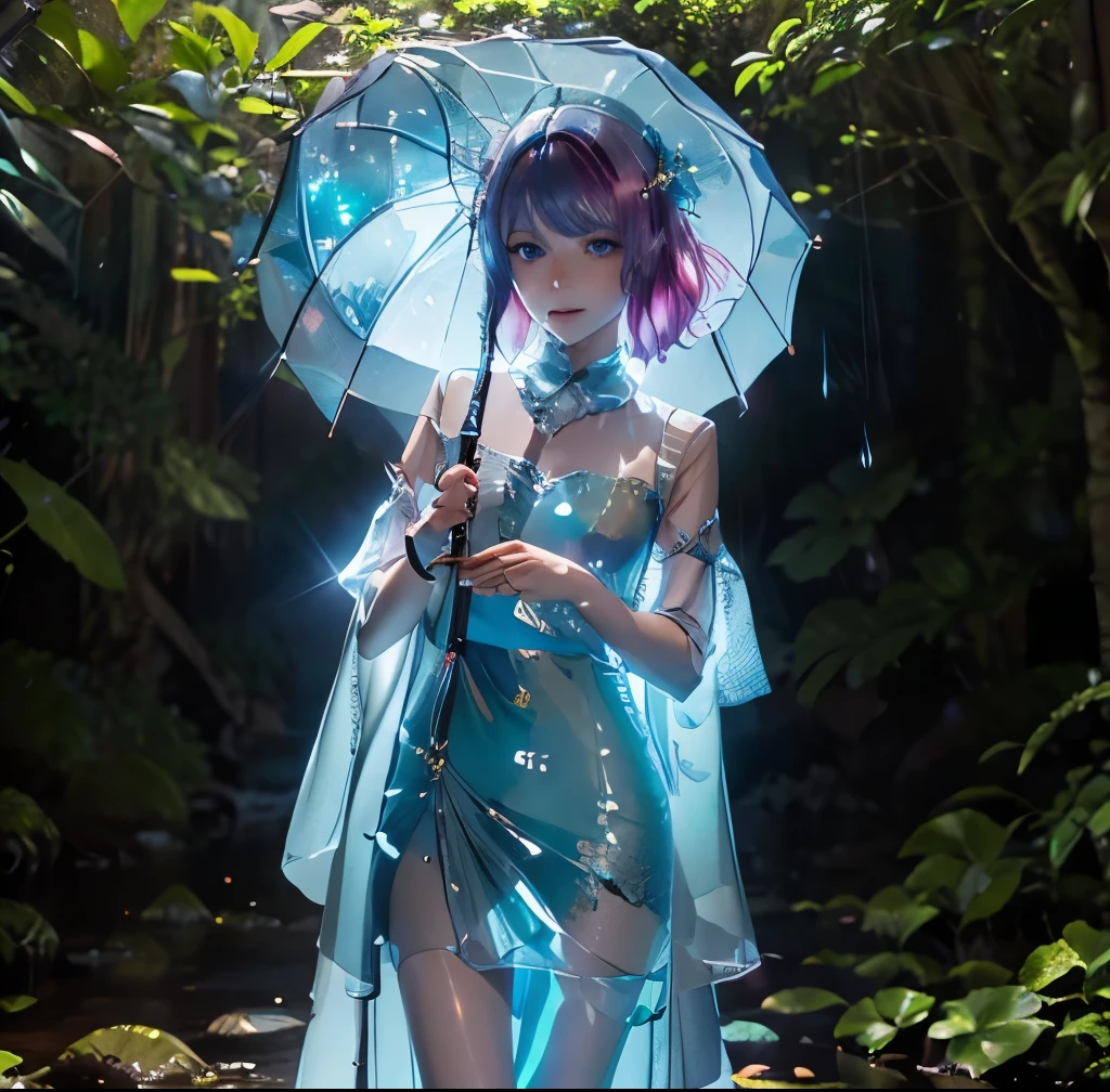 In a vivid anime scene、Focus on the bright rain elements with abundant shiny reflections. The girl with the pink bob hair and reflective blue eyes、She brings more punk and whimsical elements to her sheer outfits.。, Accessorized with blue butterfly accessories and a wide umbrella. Abstract rain sparkle chaos background、There are plenty of light effects with scattered rain and focused bubble sparkles。, The light shining from behind、The flowers bloom to create a gorgeous sight.. The artwork combines rich textures, Detailed line drawing, Cel Shading, Vibrant colors, Highlighting the luxurious charm of rain.