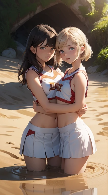 2girls, multiple girls, natural lighting, masterpiece, highly detailed, illustration, game CG, absurdres, high quality, hug, glossy lips, looking at viewer, cheerleader, midriff, (crying), (quicksand:1.4)