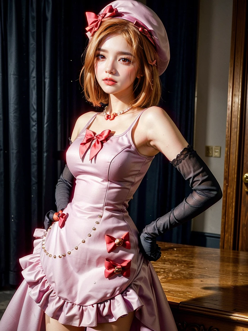 (1 lady), The beautiful, (Best quality at best:1.4), (ultra - detailed), (extremely detailed CG unified 16k), orange redhair, very detailed, High-definition RAW color photo, professional photoshooting, amazing face and eyes, cosmetics, (amazingly beautiful girl), ((lambdadelta, tall woman, taller)), ((dress, red bow, pink hat, necklace, gloves, pearl, pink dress)), standing, realistic cinematic face, photo portrait, upper body (shoulders to head), photorealistic, ((realistic natural orange redhair style, red eyes)), gorgeous, extremely beautiful face, perfect model beauty, pout mouth, flirting smile, cleavages, city girl, western, (masterpiece), best quality, high resolution, extremely detailed, blurred background, depth of field, cinematic lighting, clear and well-cared skin