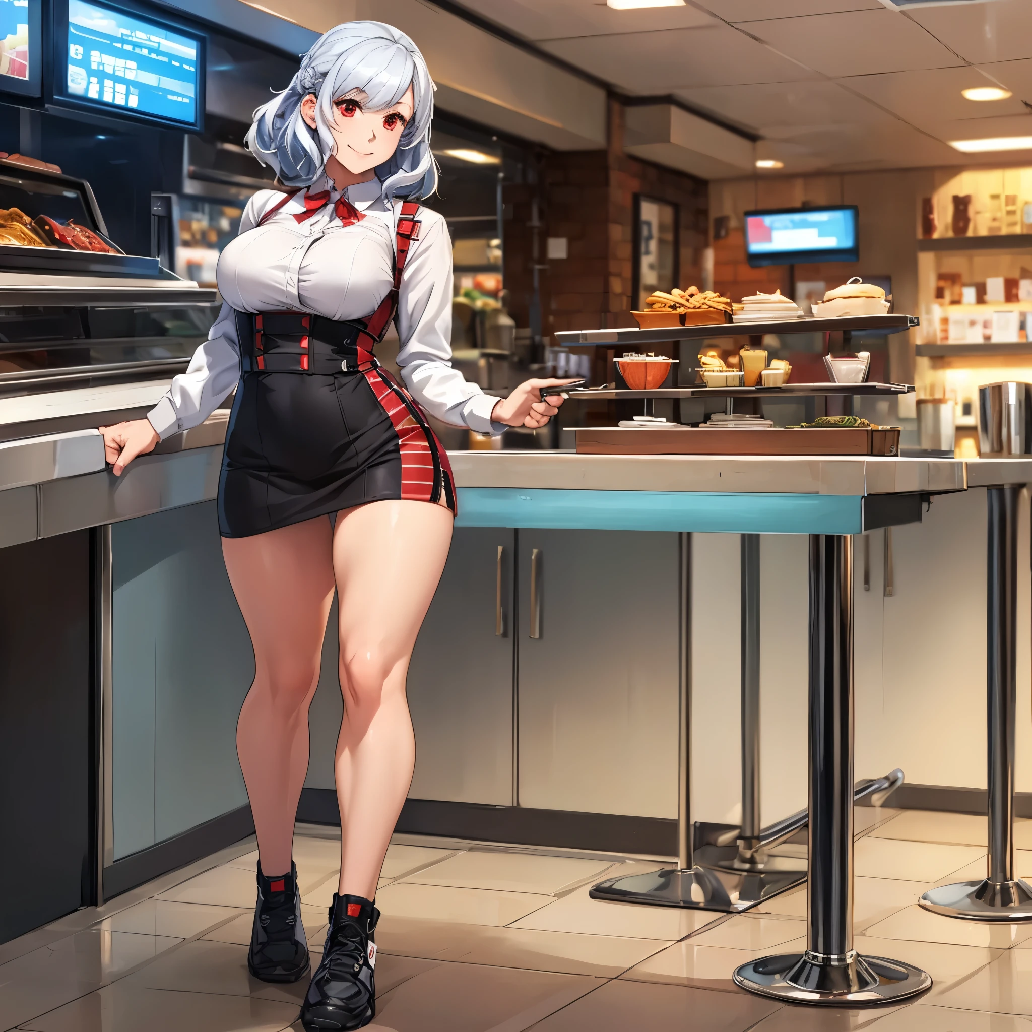 Woman with silver hair walking in a diner, near a counter full of sweets, personalized diner, red eyes, smiling, full body, stereogram, tachi-e, point of view, atmospheric perspective, 8k, superdetail, accurate, best quality, award-winning, textured skin, high resolution, anatomically correct, bokeh effect, ((solo woman).
