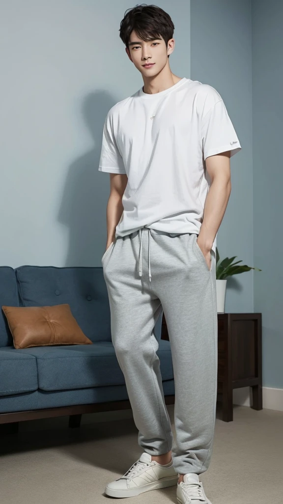 (Full body:1.2)、((top-quality、​masterpiece、photographrealistic:1.4、in 8K))、Cool Asian Men１a person、25 years old、Well-formed face、Eyes and faces with detailed、Beautiful lighting、Textured skin、Super Detail、high detailing、High quality、hight resolution、（looking at the viewers）、A smile、(Wearing a plain T-shirt and pants:1.2)、sofa、(A hyper-realistic)、(Top image quality:1.0)、 (超A high resolution:1.0)