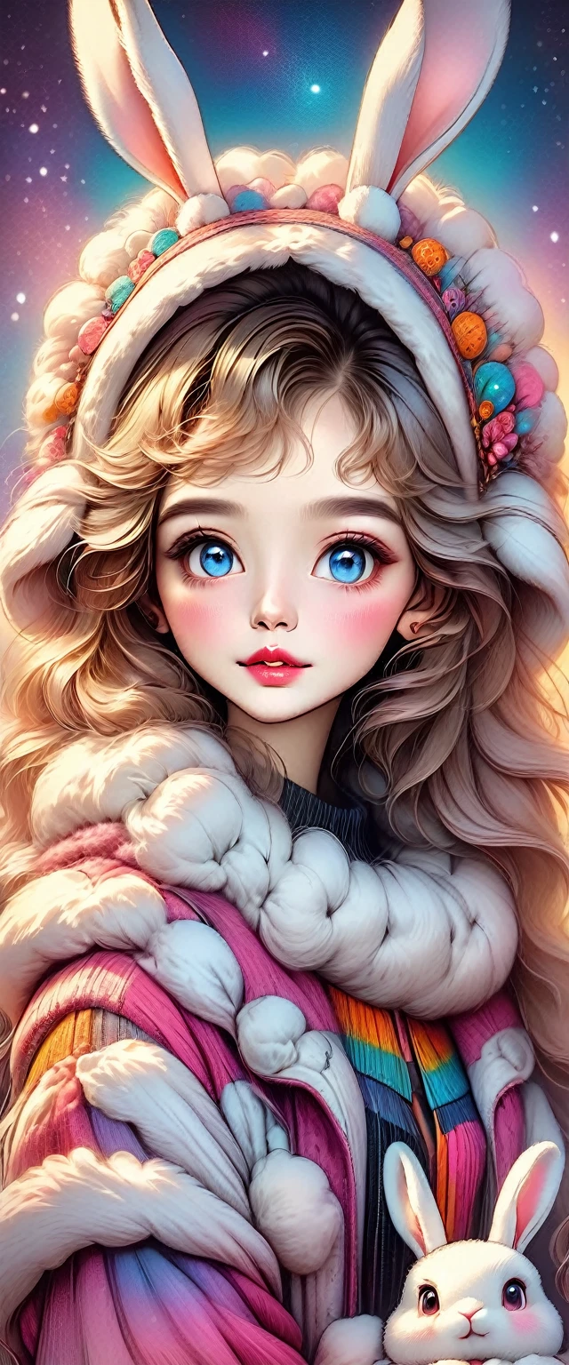 a woman wearing a fluffy rabbit costume with large rabbit ears, cute and childlike expression, hyperdetailed 8k, high resolution, professional portrait, beautiful detailed eyes, beautiful detailed lips, extremely detailed face and features, long eyelashes, soft lighting, warm color palette, whimsical, fantasy, magical realism
