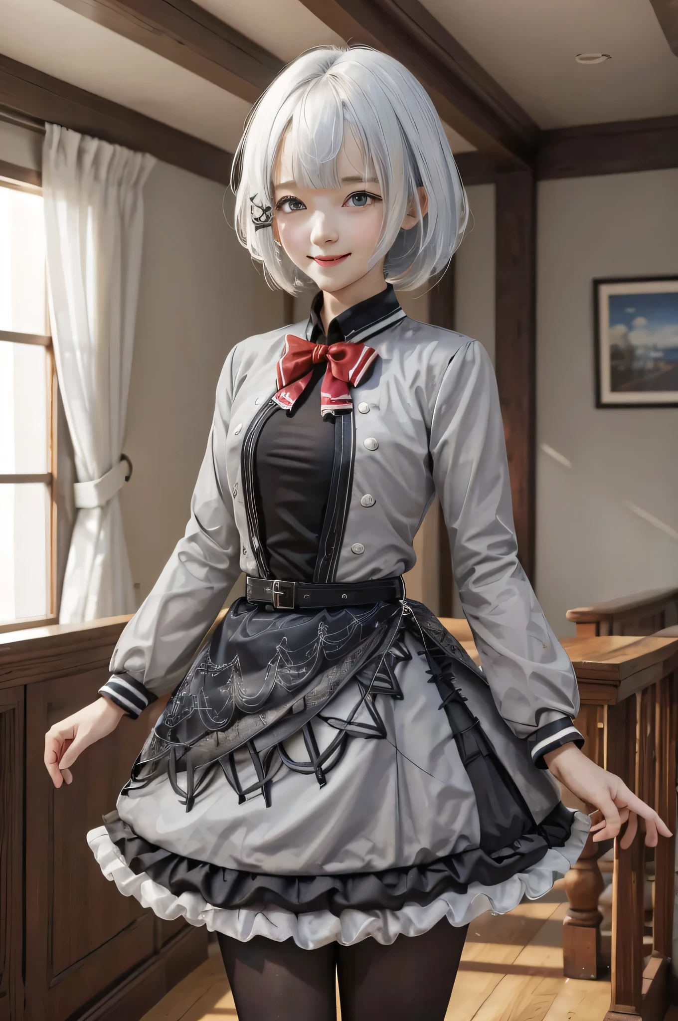 masterpiece,best quality,highres,ultra-detailed,aasiesta,short hair,bangs,x hair ornament,hairclip,red bow,grey jacket,frilled dress,black shirt,belt,skirt,pantyhose,indoors,standing,cowboy shot,smile,