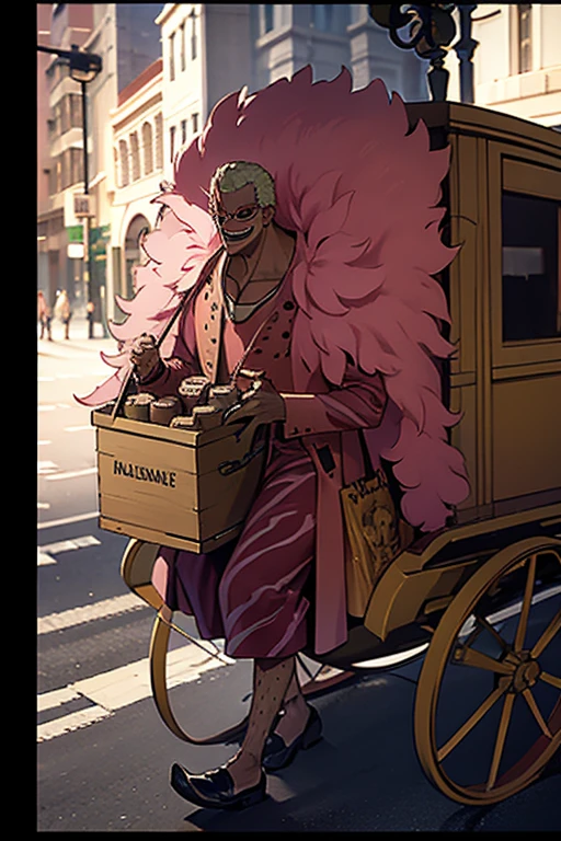 Doflamingo carrying coffee beans in a handcart