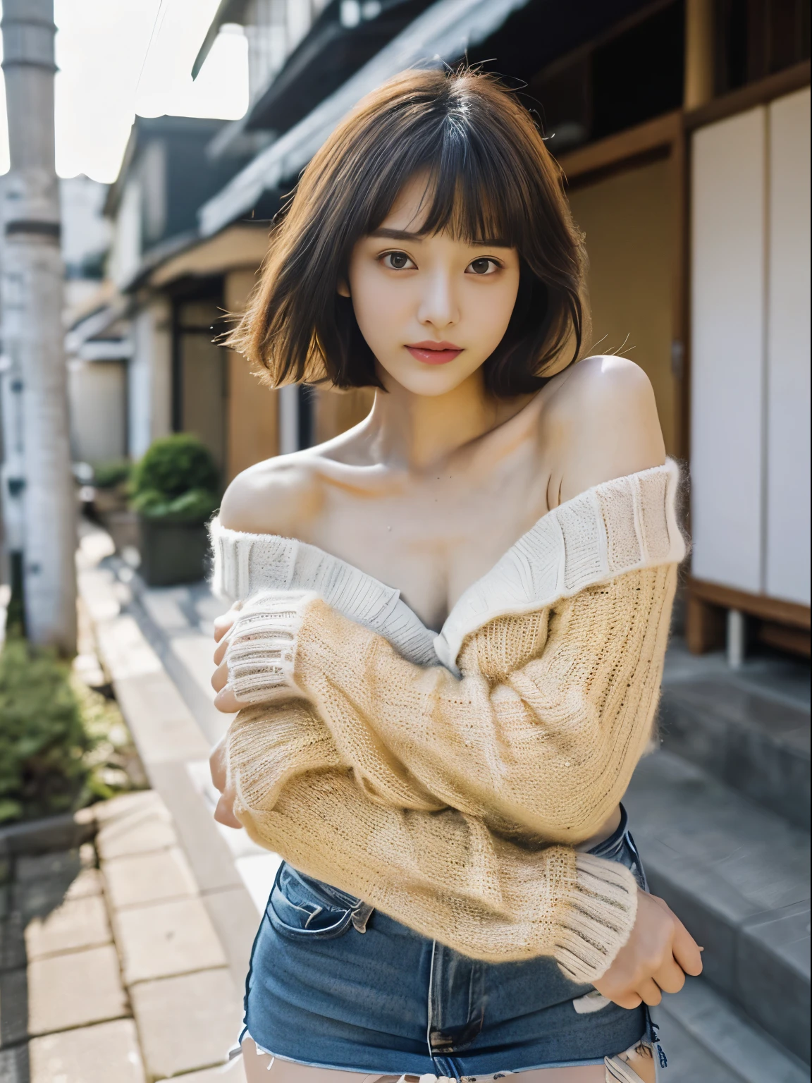 (top-quality、8K、​masterpiece:1.2),  (Cute Japan Beautiful Girl、18year old:1.4)、(Neat and beautiful face、the golden ratio:1.5)、 (Very fine eye definition, Symmetrical eyes:1.3), (Brown eyes, Parted bangs, Lustrous black hair:1.2)、(Perfect body without contradiction、Perfect limbs without contradiction:1.7)、(shinny skin:1.2)、(Beautiful large breast:1.6)、(Constricted waist:1.5)、(Off-the-shoulder loose knit、tight miniskirt:1.3) 、(bending forward、sexypose:1.3)、(Looking at the camera:1.4)、outside of house、City、the wind、optic、blurry backround