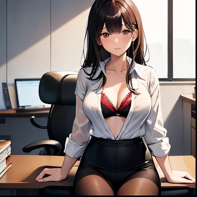 wet hair,A 28-year-old Japanese woman wearing a professional suit in an office, with torn tights, taking off her white shirt to reveal a red bra, high-quality, high-resolution, realistic style, clear skin, dark hair, confident and slightly provocative expression.