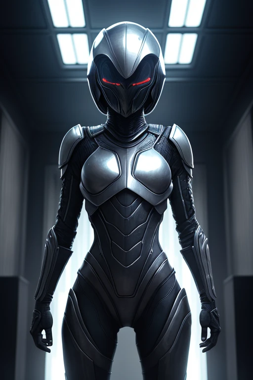 A young girl adorned in a complete suit of armor inspired by the xenomorph, a fictional extraterrestrial creature known for its sleek and deadly appearance. Every aspect of the armor is meticulously crafted, from the intricate design of the exoskeleton to the polished ebony finish. This awe-inspiring image, portrayed in a stunning digital painting, showcases the girl standing tall and brimming with confidence, her eyes shining with determination. The attention to detail is remarkable, capturing the iridescent sheen of the xenomorph's chitinous shell and the subtle reflection of light on the girl's visor. The overall impression is one of strength and resilience, evoking a sense of admiration and intrigue.