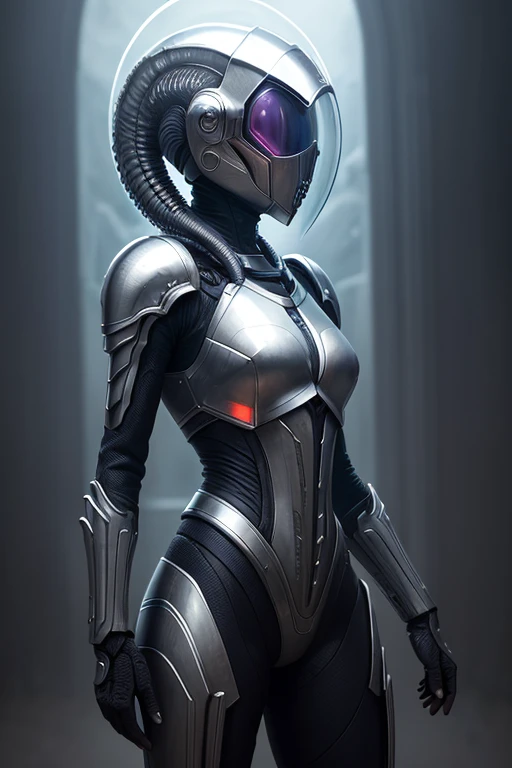 A young girl adorned in a complete suit of armor inspired by the xenomorph, a fictional extraterrestrial creature known for its sleek and deadly appearance. Every aspect of the armor is meticulously crafted, from the intricate design of the exoskeleton to the polished ebony finish. This awe-inspiring image, portrayed in a stunning digital painting, showcases the girl standing tall and brimming with confidence, her eyes shining with determination. The attention to detail is remarkable, capturing the iridescent sheen of the xenomorph's chitinous shell and the subtle reflection of light on the girl's visor. The overall impression is one of strength and resilience, evoking a sense of admiration and intrigue.