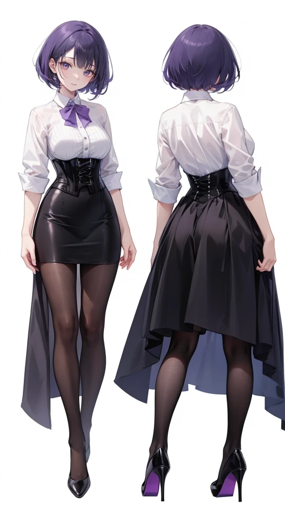 Purple Hair,short hair,Adult female,(suit),White Y-shirt,((Rolling up his sleeves)),(corset),(Black tight skirt),(High heels),Heels are visible,((Simple white background)),smile,((whole body)),((full body)),Character Sheet,