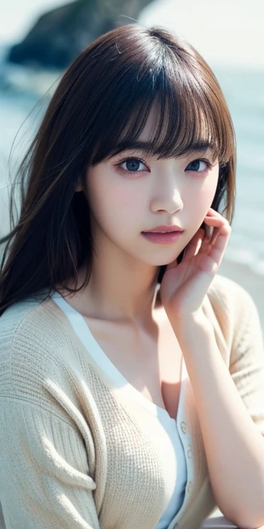masterpiece, highest quality, 8k, 20th generation, Big Breasts, cute, alone, sad, cute, Girlish, cute、Delicate girl, Pure beauty,  RAW Photos, Professional photography, Portraiture, Soft Light, Professional Lighting, Backlight, Head to knee photo, avert your eyes, Sophisticated, Film Grain, (Round face、Young Face、Thin eyebrows、Thin lips:1.0), Floating Hair, beautiful, Flowing hair, bangs, White blouse、pastel cardigan、(Big Breasts:1.2)、You can see the chest a little、Micro Mini Skirt、Voluptuous thighs、dolly make、Heterochromia iridis、Left and right eyes are different colors、Midsummer sky、Cumulonimbuidsummer Beach