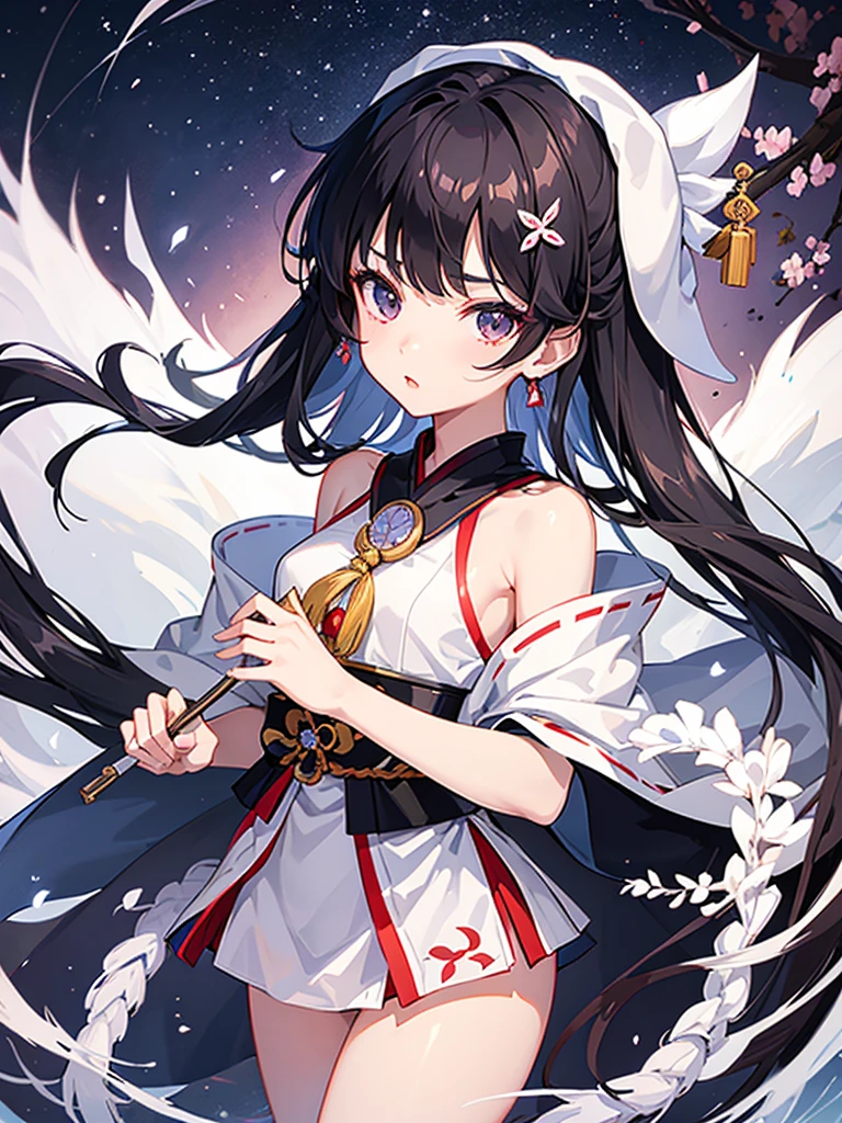 Miko Girl, Jet Black Eyes, Pretty Lips, Baby Face, Short Stature with thin waist and thin chest plate, short stature with black hair with shoulder mouths, bangs are hairstyles around the eyebrows, white and light purple shrine maiden clothes,