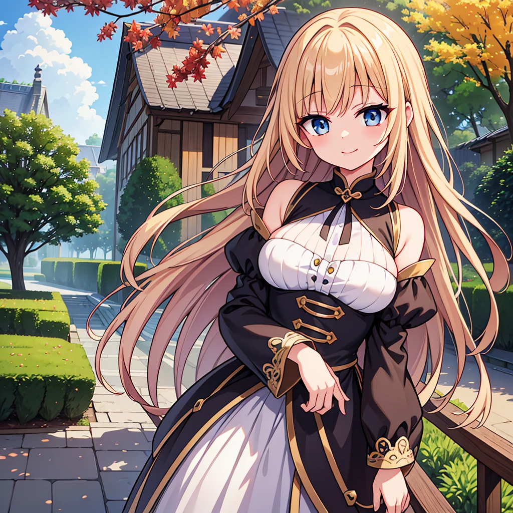 (masterpiece),(highest quality),(Detailed Expression), Tabletop, highest quality,figure, wallpaper, Super detailed, Absurd beauty, 1 Beautiful Girl、Light Hair Color、Sparkly and big eyes、Hair blowing in the wind、Ample breasts、♡、Small head、Autumn scenery、Malicious smile