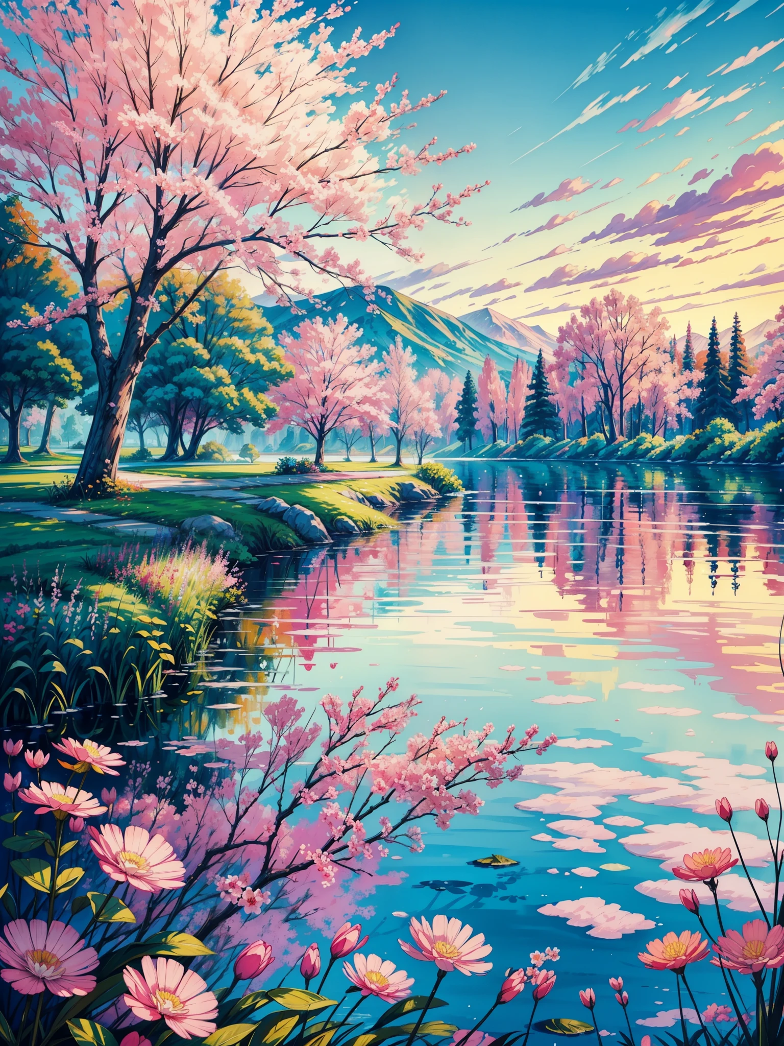 a painting of a lake with pink flowers in the foreground, pink tree beside a large lake, landscape, colorful painting, vibrant painting, colorful landscape painting, floral sunset, vibrant gouache painting scenery, a gouache painting, colorful painted in bright colors, painting, vibrant