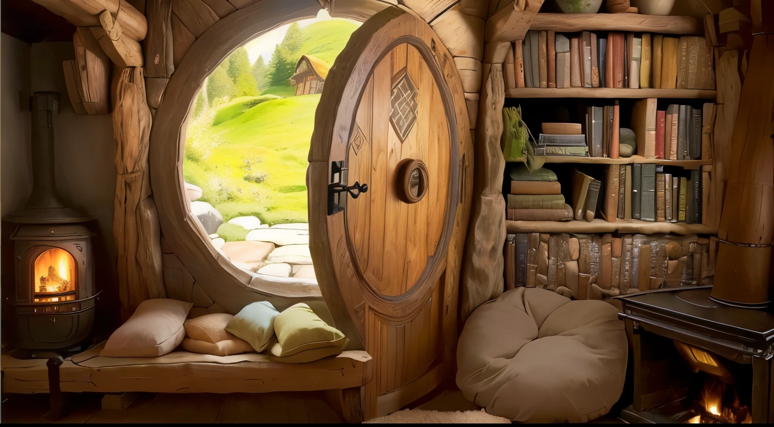 cozy hobbit house with side fireplaces, rounded door and bookshelf. Theres a bed in the ground with pillows