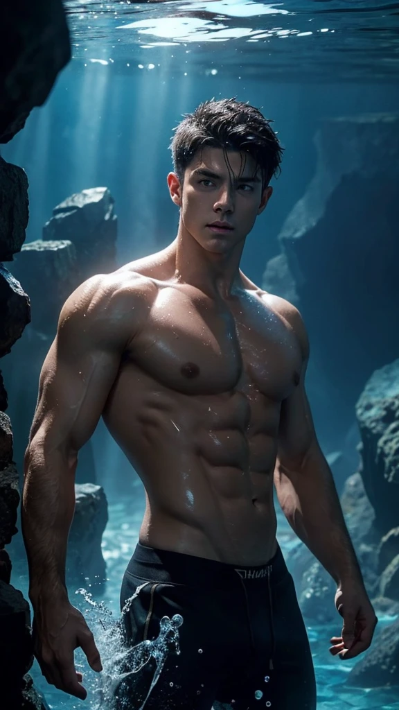 a shirtless muscular man with a wet body, wet hair, water droplets, dramatic lighting, cinematic camera angle, chiseled abs, handsome face, alluring expression, fantasy water realm, underwater scene, moody lighting, dramatic pose