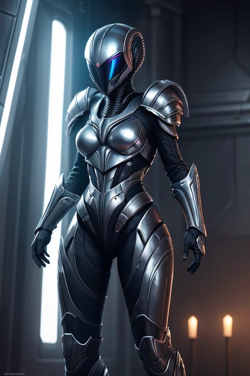 A young girl adorned in a complete suit of armor inspired by the xenomorph, a fictional extraterrestrial creature known for its sleek and deadly appearance. Every aspect of the armor is meticulously crafted, from the intricate design of the exoskeleton to the polished ebony finish. This awe-inspiring image, portrayed in a stunning digital painting, showcases the girl standing tall and brimming with confidence, her eyes shining with determination. The attention to detail is remarkable, capturing the iridescent sheen of the xenomorph's chitinous shell and the subtle reflection of light on the girl's visor. The overall impression is one of strength and resilience, evoking a sense of admiration and intrigue. fullbody