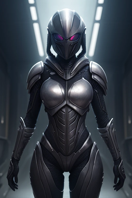 A young girl adorned in a complete suit of armor inspired by the xenomorph, a fictional extraterrestrial creature known for its sleek and deadly appearance. Every aspect of the armor is meticulously crafted, from the intricate design of the exoskeleton to the polished ebony finish. This awe-inspiring image, portrayed in a stunning digital painting, showcases the girl standing tall and brimming with confidence, her eyes shining with determination. The attention to detail is remarkable, capturing the iridescent sheen of the xenomorph's chitinous shell and the subtle reflection of light on the girl's visor. The overall impression is one of strength and resilience, evoking a sense of admiration and intrigue. fullbody