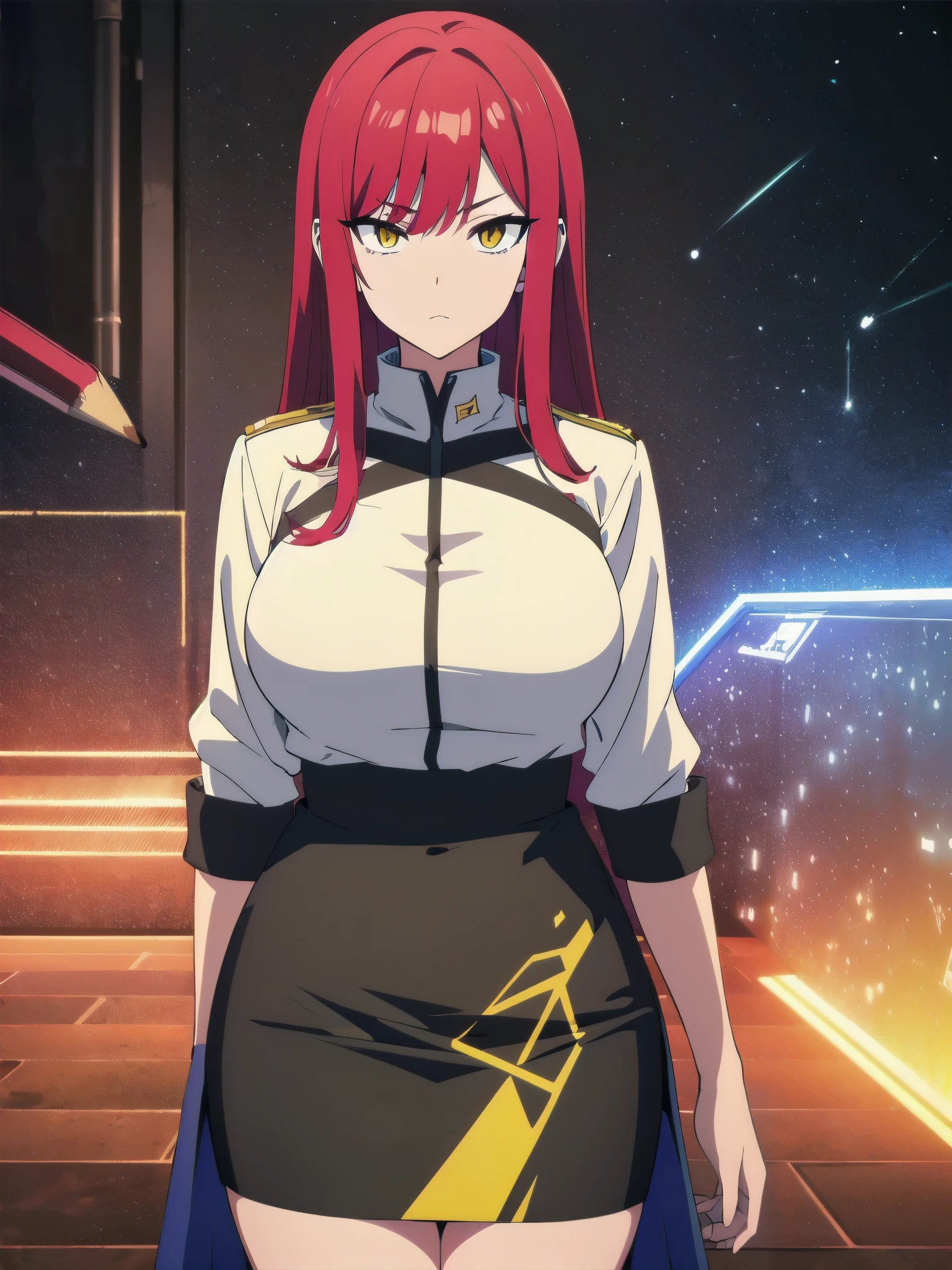 (masterpiece:1.37), woman, mature, extremely detailed eyes and face, long straight hair, red hair, yellow eyes, constellation-print military uniform, (pencil skirt:1.25), large breasts, futuristic, science fiction, hologram armband, unicursal hexagram, best quality, 8k, highres, ultra-detailed, studio lighting, ultra-fine painting, sharp focus, physically-based rendering, extreme detail description, professional, vivid colors, bokeh, extreme attention to detail, tsurime