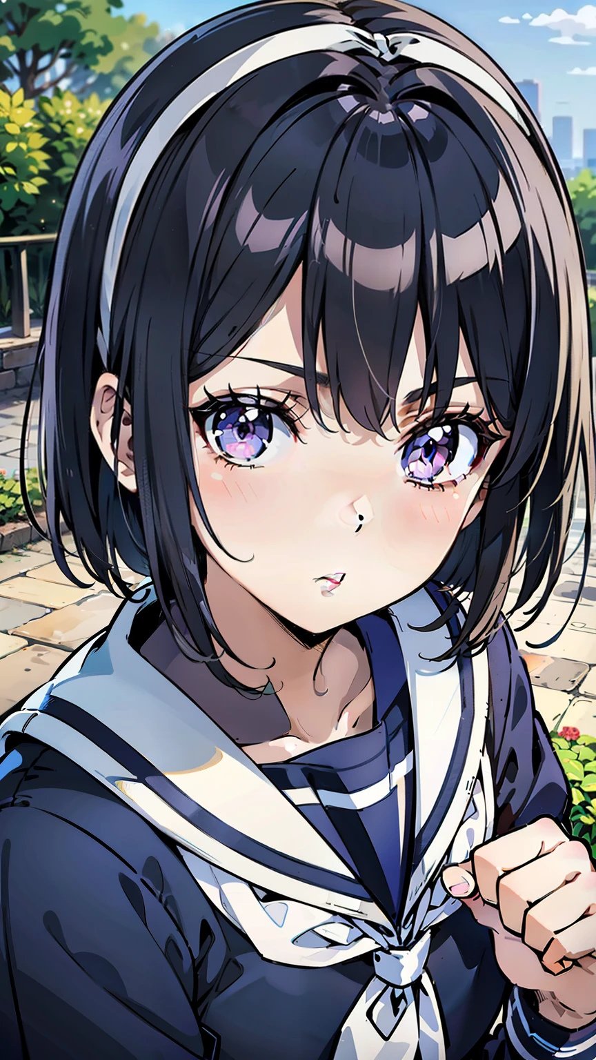 sailor uniform, One Woman, (A beauty woman, Delicate high school girl:1.3), 8K, highest quality, masterpiece, Very detailed, Ultra-high resolution, Realistic, RAW Photos, Absolute Resolution, Black Hair, Bobcut, Small face compared to body, Very small face, Black Hair, ((Navy blue sailor suit)), Navy Blue Skirt, High school girl in sailor suit, 2D Rendering of Anime, Realistic若いアニメの女子高生, , ((White headband)), Small breasts, tall, Slanted Eyes, Purple Eyes, Black Stockings, garter belt, Pouting, garden, (do an uppercut:1.3), (Top-down position:1.3), blurry background,