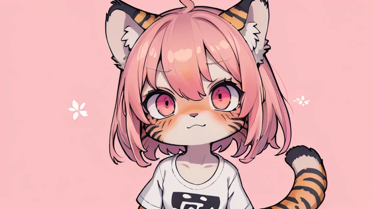 (obra maestra, Alta calidad, mejor calidad, 8K, high resolution), ((estilo chibii, Chibi lindo)), (solo, 1 girl), {Tiger Girl, cara de tigre, 2 colmillos, long eyelashes, delineador de ojos} {bigotes de tigre}, (((Piel de tigre por todo el cuerpo., Rayas de tigre en el cuerpo.))), (pelo naranja), cabello corto, Pinza para el cabello, [[Pinza para el cabello white flower on hair]], ((Muy feliz)), ((boca abierta)), ojos naranjas, [pupilas negras], ((buscando)), (very small breasts), brazos delgados, (un brazo arriba, un brazo hacia abajo), axilas, ((mini camiseta rosa, camiseta rosa completa)), {shorts blancos}, {{{mini cola de tigre, Cola en la espalda}}}, (cuerpo completo), (((de pie, jump angle))), dynamic pose, Fondo blanco, fondo sencillo, ((((Estilo Tora-chan no Hanayome)))), (old anime style 40s), estilo animado, anime color.