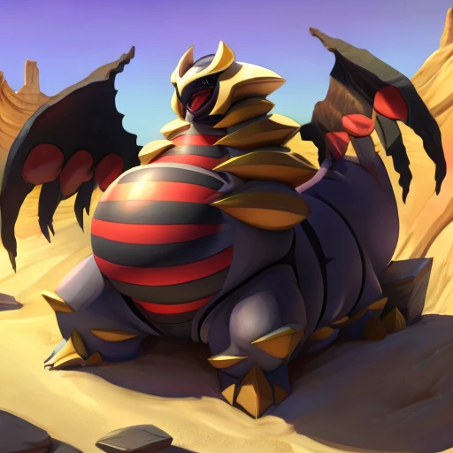 Giratina male, , vore, panting, obese, stomach is triangular, enormous belly, body is buried due to fat, small face