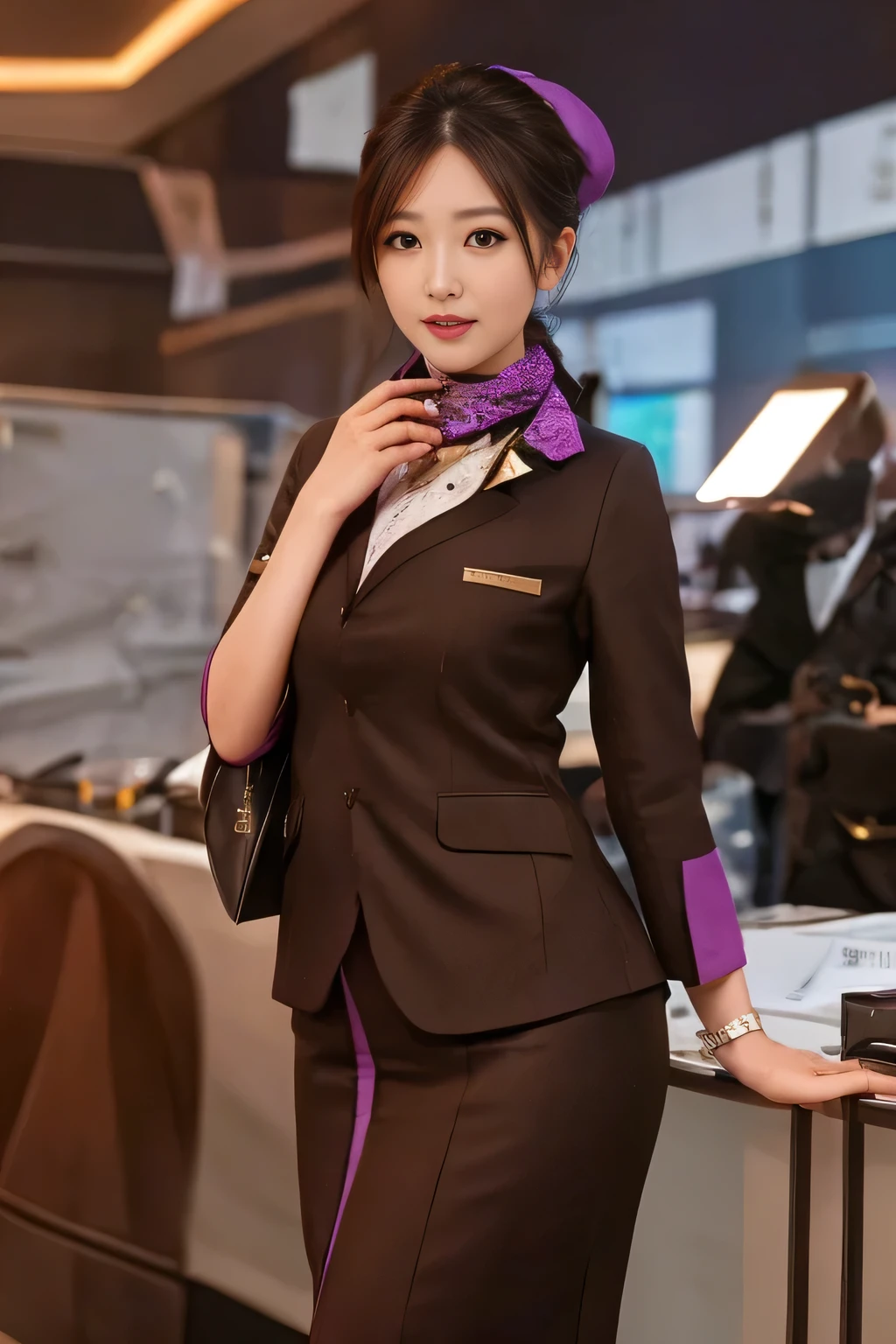 masterpiece:1.2、highest quality:1.2)、32K HDR、High resolution、(alone、1 girl、Slim figure)、Young Asian Woman、（Realistic style wearing ETIHAD Airways Cabincrew Uniform）、 (At the airport counter, Professional Lighting)、A proper woman, Beautiful Face,、（Long sleeve ETIHAD Airways Cabincrew Uniform）、（ETIHAD Airways Cabincrew Uniform skirt with purple stripe on the front）、（Scarf around the neck）、Big Breasts、（Long hair updo、Chignon）、Dark brown hair、Long Shot、（（Fine hand：2.0））、（（Harmonious body proportions：1.5））、（（Normal limbs：2.0））、（（Normal finger：2.0））、（（Delicate eyes：2.0））、（（Normal eyes：2.0））)、Beautiful standing posture、smile