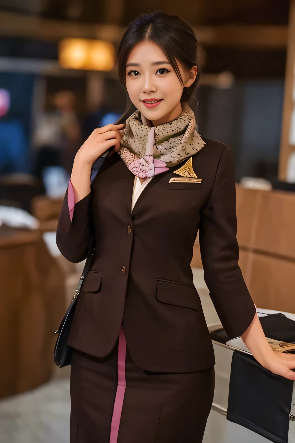 masterpiece:1.2、highest quality:1.2)、32K HDR、High resolution、(alone、1 girl、Slim figure)、Young Asian Woman、(Realistic style with ETIHAD Airways Cabincrew Uniform)、 (At the airport counter, Professional Lighting)、A proper woman, Beautiful Face,、(ETIHAD Airways Cabincrew Uniform)、、(Scarf around the neck)、Big Breasts、(Long hair updo、Chignon)、Dark brown hair、Long Shot、((Fine hand:2.0))、((Harmonious body proportions:1.5))、((Normal limbs:2.0))、((Normal finger:2.0))、((Delicate eyes:2.0))、((Normal eyes:2.0)))、Beautiful standing posture、smile