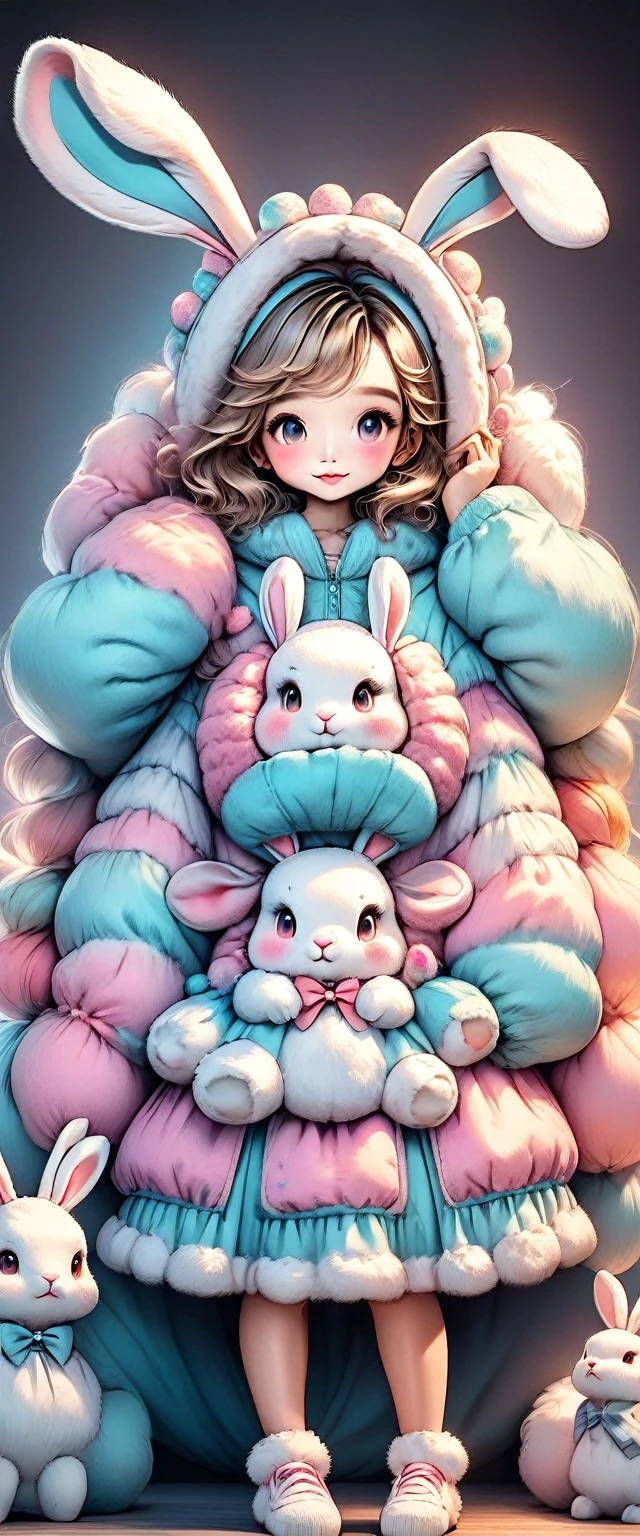 a woman wearing a fluffy rabbit costume with large rabbit ears, full body shot, wide angle, cute and childlike expression, professional portrait, hyperdetailed 8k, high resolution, detailed facial features, detailed clothing, soft lighting, whimsical, fantasy, pastel colors, adorable