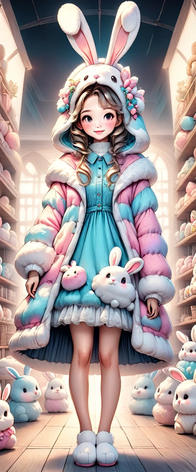 a woman wearing a fluffy rabbit costume with large rabbit ears, full body shot, wide angle, cute and childlike expression, professional portrait, hyperdetailed 8k, high resolution, detailed facial features, detailed clothing, soft lighting, whimsical, fantasy, pastel colors, adorable