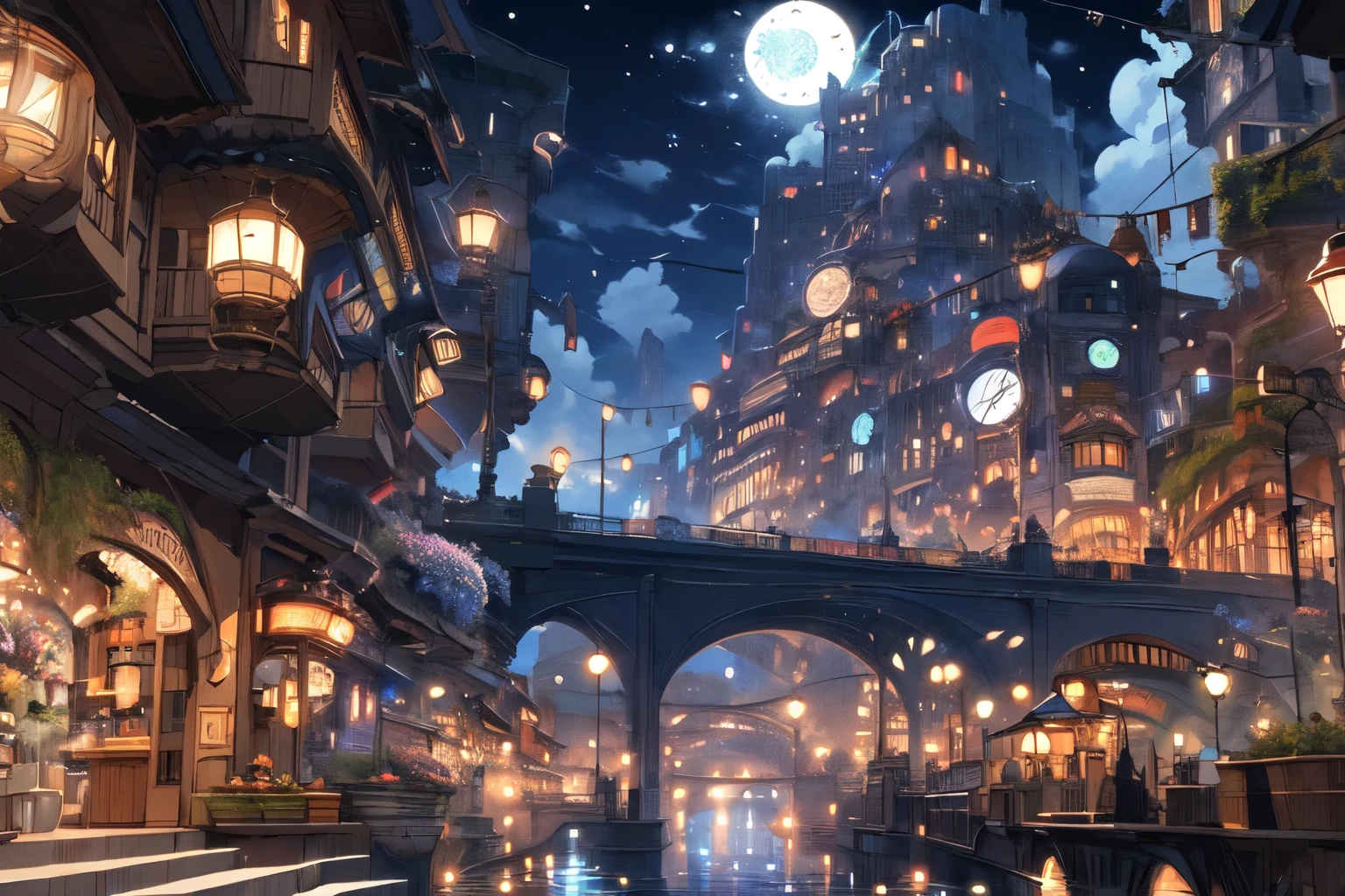 (masterpiece:1.2), best quality,PIXIV,Night scene,
scenery, sky, fantasy, cloud, outdoors, building, city, water, bridge, night, lamppost, railing, window, plant, lantern, arch, cityscape, stairs, flower