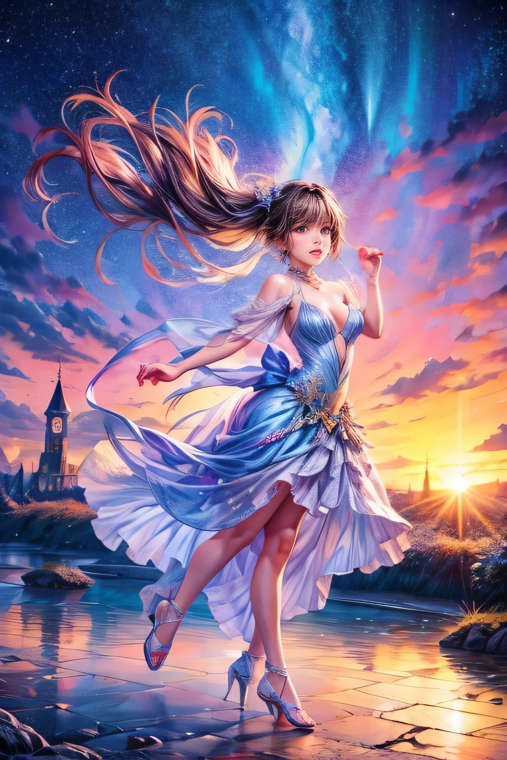 raw photo:1.2, masterpiece, highest quality, 16k, unbelievably absurd, very detailed, perfect beauty, (double exposure vibrant colors silhouette:1.3), (layered vibrant colors silhouette:1.2), (water world photo scenery), diamond dust, starry sky with aurora, flowing sheer dress, flowy long hair, (lake:1.2), (realistic photo scenery), (starlight), (ballerina girl dancing,romantic tutu), 