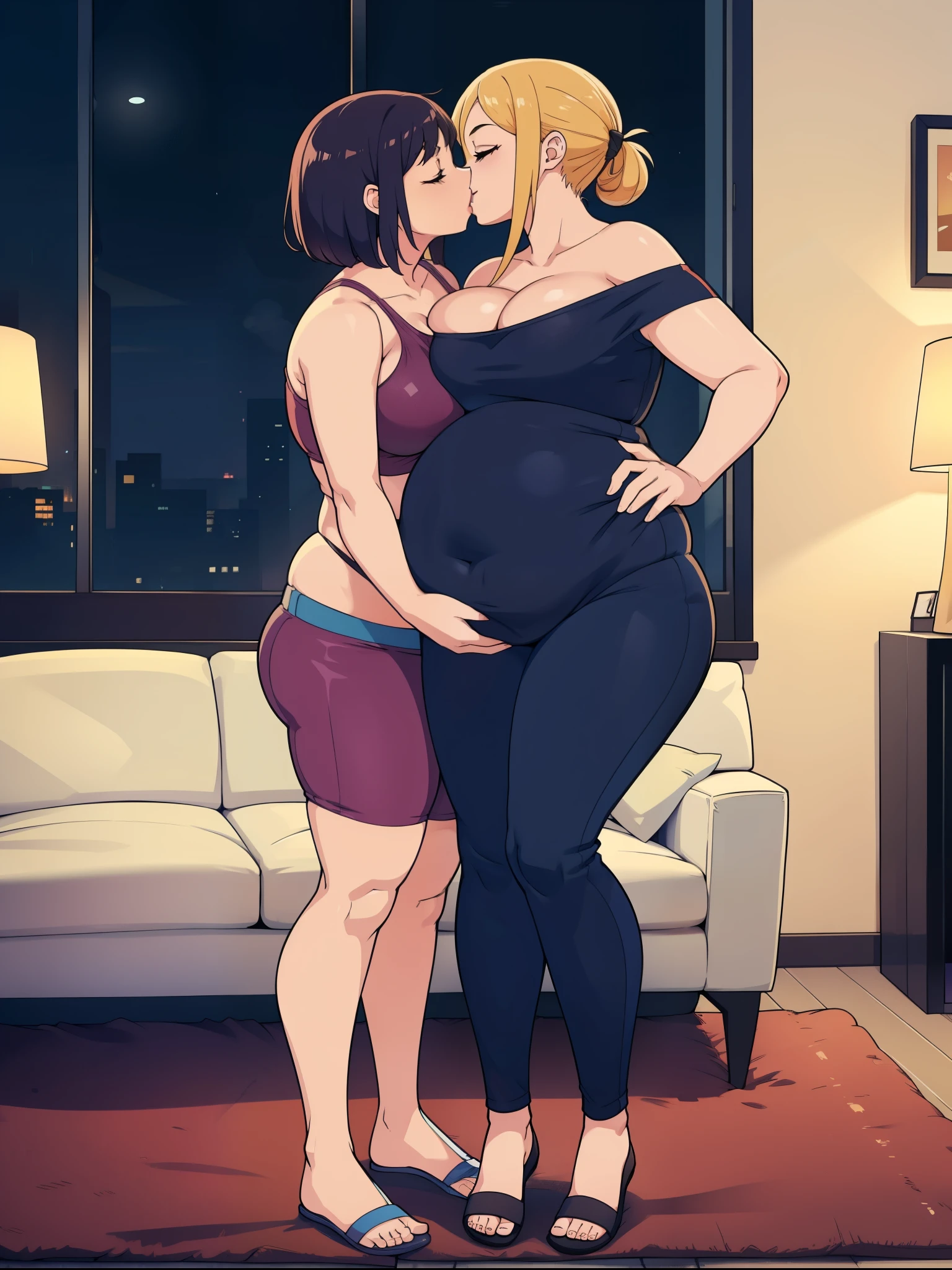 (Full body:1.1), rubbing belly, 2girls, tight casual clothing, (cleavage:1.2), (Bare shoulders), Smile slightly,luxury living room, (2girls:1.2), (kiss:1.3), closed eyes