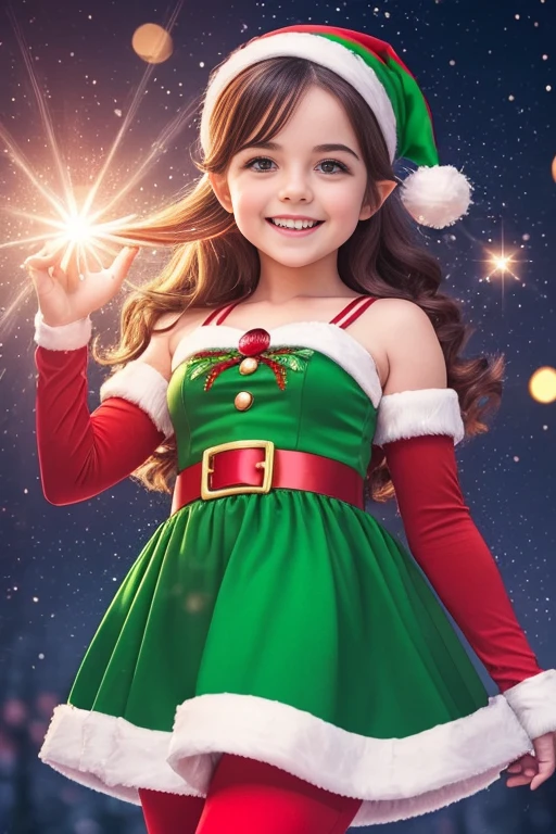 A playfully animated girl dressed as Santa's elf radiates youthful energy and holiday cheer. In this vividly captured photograph, the girl's rosy cheeks and twinkling eyes contrast against her vibrant green and red costume, embellished with sparkling sequins and fluffy white trim. The image sparkles with a magical aura, successfully conveying the delight and wonder of the festive season.