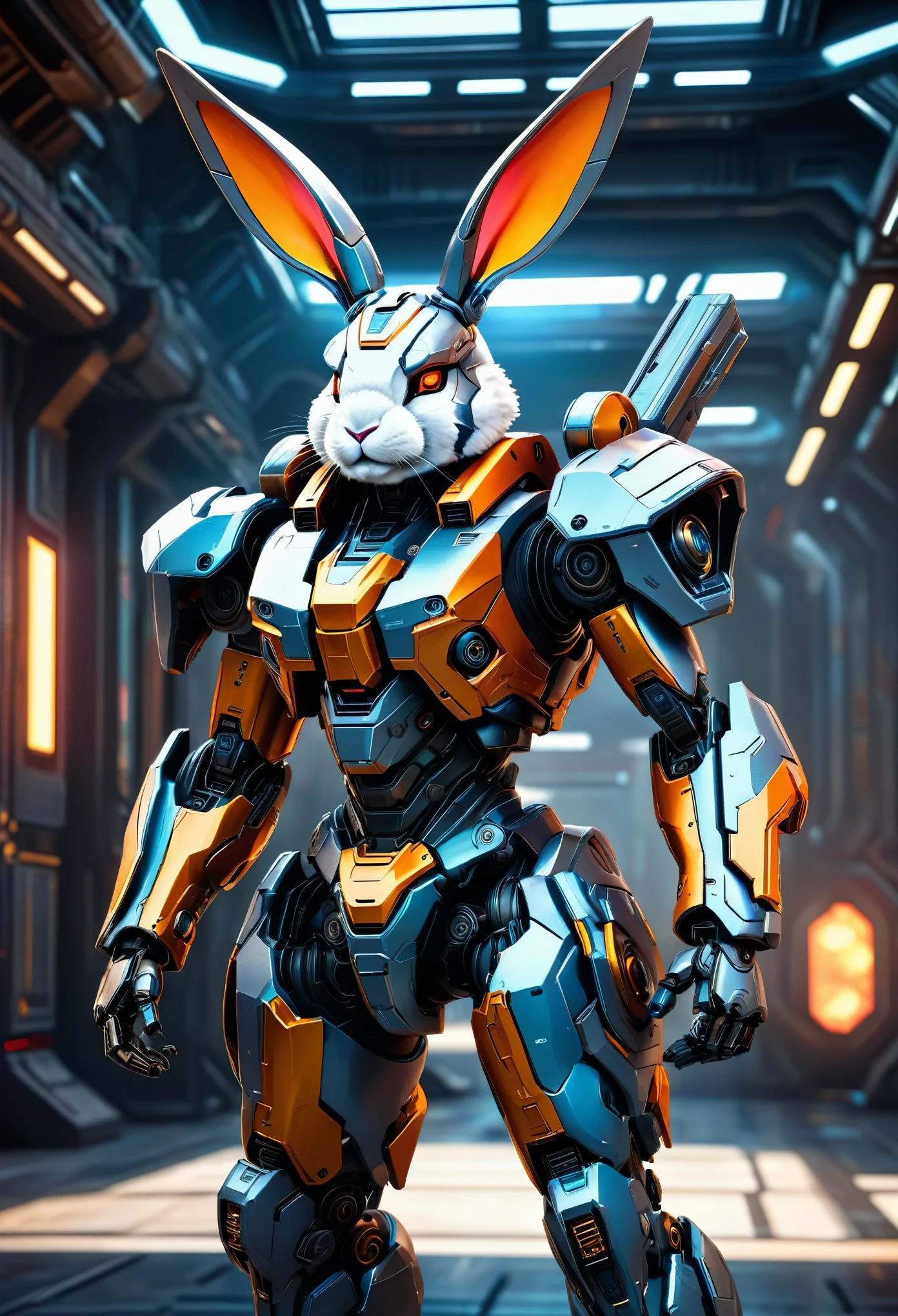 A mech with rabbit ears in a futuristic combat stance, rich in details, steel texture, cool and sci-fi vibe, enhanced by studio lighting effects like HDR and ultra-fine painting, set against a sci-fi background, highres, vivid colors, with a focus on realistic rendering and extreme detail description.